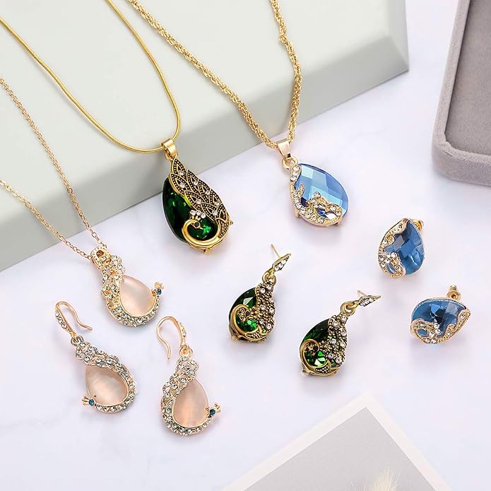 Hicarer 3 Set Peacock Jewelry Sets for Women Vintage Crystal Necklace Earring Waterdrop Rhinestone Pendant Indian Jewelry Set Gifts for Valentine's Day Mother's Day Christmas Wedding Lover Ladies