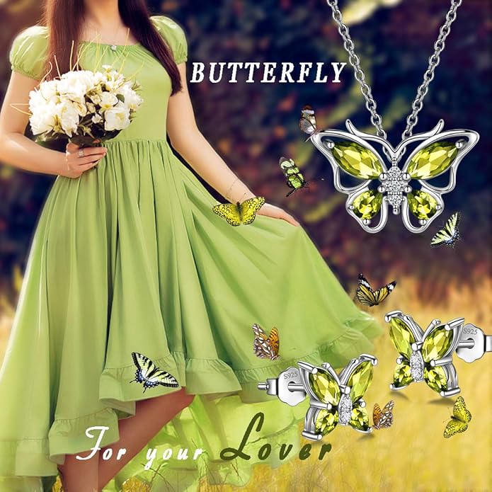 925 Sterling Silver Birthstone Butterfly Jewelry Women Crystal Animal Cute Butterflies Birthday Necklace/Earring/Ring/Bracelet Sets Birth Stone Statement Anniversary Jewellery