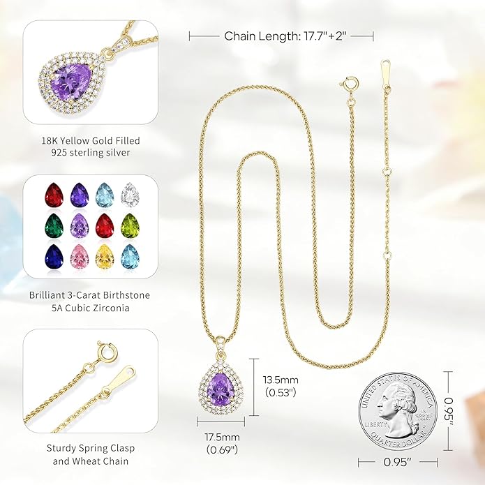 Valentine's Day Gift for Wife/Her-18K Gold Plated Teardrop Birthstone Necklace- with Light-Up Gift Box,Jewelry for Women,Anniversary Birthday Gifts for Women Her Wife Girlfriend Mom,Womens Jewelry