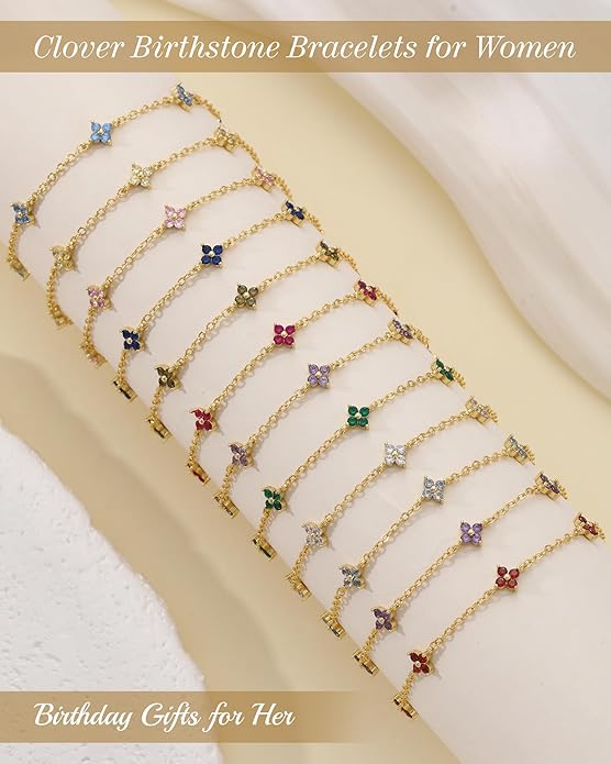 JSJOY Birthstone Bracelets for Women, 14K Gold Bracelets for Women Mom Gifts Birthday Valentines Day Gifts for Gf Dainty Flower Gift for Her Birthstone Bracelet Mothers Day Gift