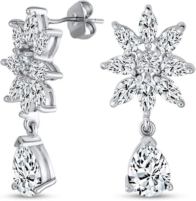 Bridal Jewelry Set Art Deco Vintage Estate Style Cubic Zirconia Marquise Leaf Teardrop AAA CZ Statement Cleavage Choker Necklace & Chandelier Dangle Clip On Or Pierced Earrings For Women Pageant