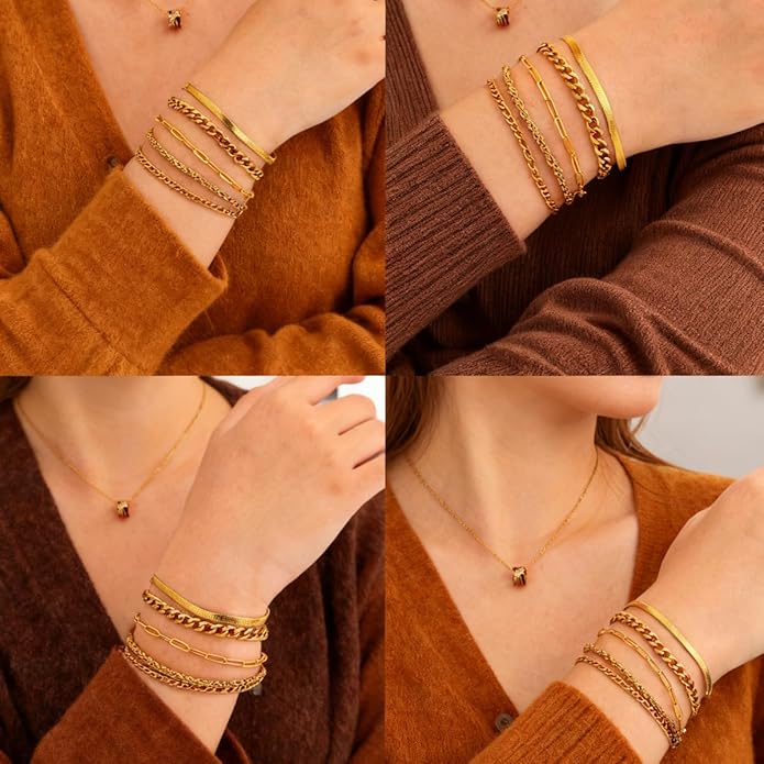 18K Gold Plated Bracelet Sets for Women Waterproof - Trendy Thin Dainty Stackable Cuban Link Paperclip Snake Twisted Chain Fashion Jewelry Accessories Gifts for Women