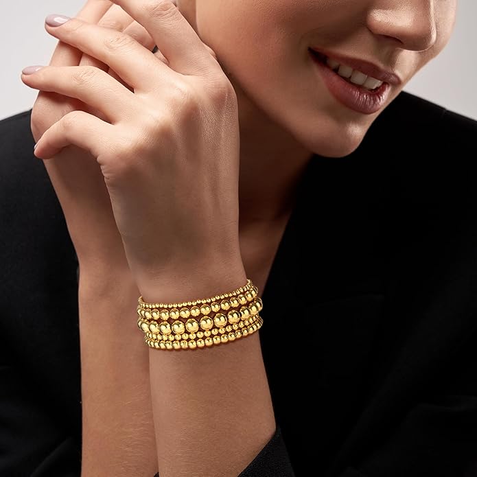 Gold Bead Bracelets for Women Girls - 14K Gold Plated Dainty Round Bead Ball Pearl Cross Bracelet Stack for Women Teenage Girls Stackable Jewelry Christmas Gifts