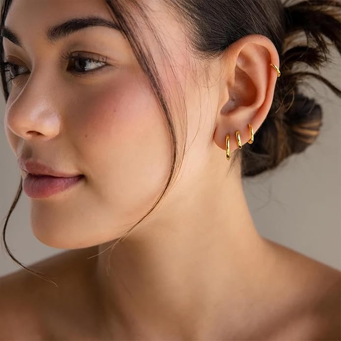 Small Gold Huggie Hoop Earrings Set for Women Men Hypoallergenic 14K Plated Stack Cartilage Earrings, Multiple Piercing Lightweight Mini Thin Cute Dainty Trendy Jewelry Set Christmas Gifts for Women