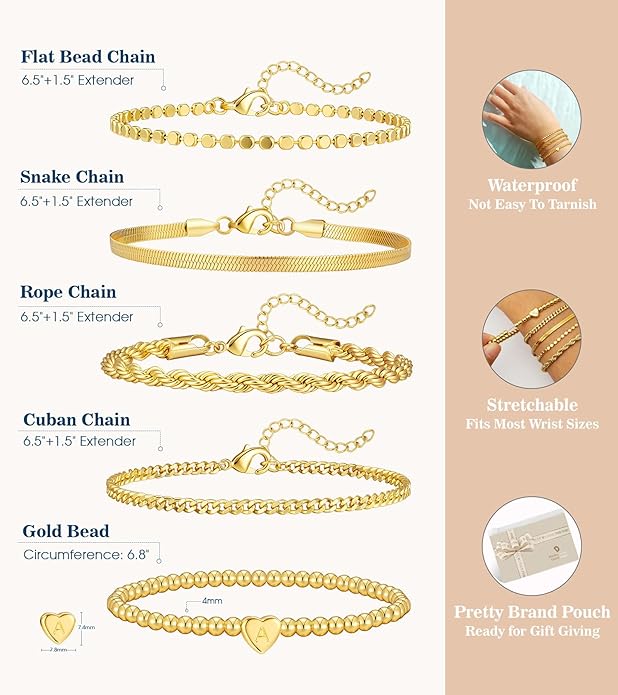 doubgood Valentines Day Gifts for Her - Gold Bracelets for Women Waterproof Stackable Heart Initial Link Charm Bracelets Set A-Z Letter 14K Gold Plated Adjustable Chain Stack Jewelry Gifts for Women