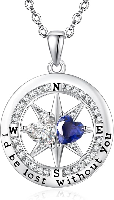 Compass Necklace for Women, Exquisite S925 Valentines Day Anniversary Birthday Gifts for Wife Her Double Birthstone Pendant Jewelry ‘I'd be Lost Without You’