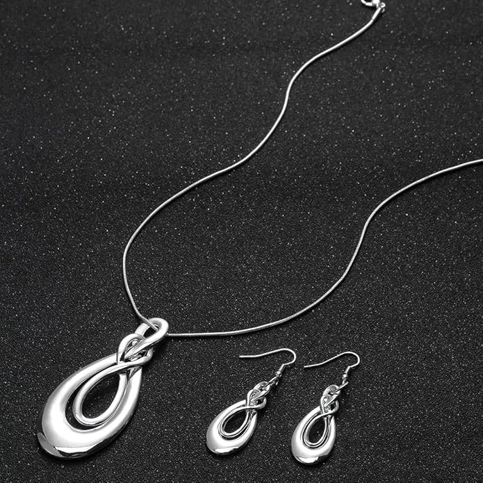 Madison Tyler Gold Plated Jewelry Set for Women | Silver Teardrop Pendant Necklace Trendy | Long Necklace with Snake Chain | Fashion Dangle Earring Set