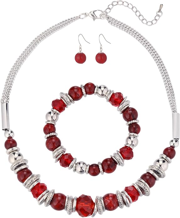 PEARL&CLUB Silver Beaded Statement Necklaces for Women Chunky Bead Necklace Bracelet and Earring Costume Jewelry Sets Gifts for Mom