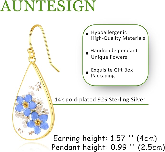 Forget-Me-Not and Queen Anne's Lace Pressed Wildflower Earrings | Pressed Flower Earrings | Handmade Drop and Dangle Earrings | Gift for Woman