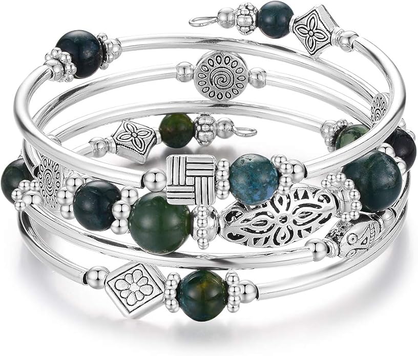 BULINLIN Layered Wrap Bangle Turquoise Bracelet - Bead Bracelet with Natural Agate Stone, Gifts For Women