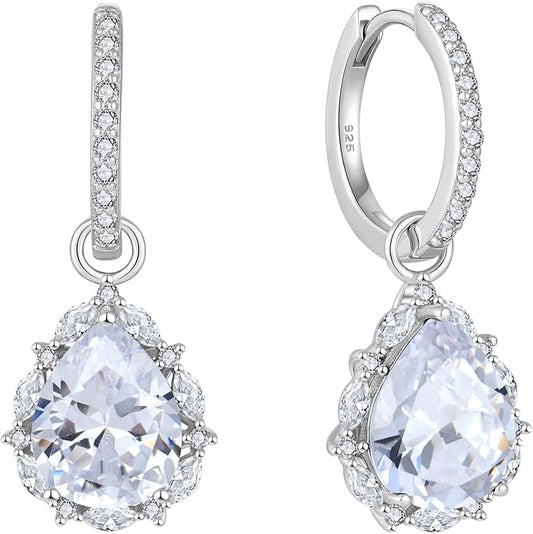 Women 925 Sterling Silver Birthstone Teardrop Huggie 14mm Hoop Drop Dangle Earrings 5A Cubic Zirconia Jewelry