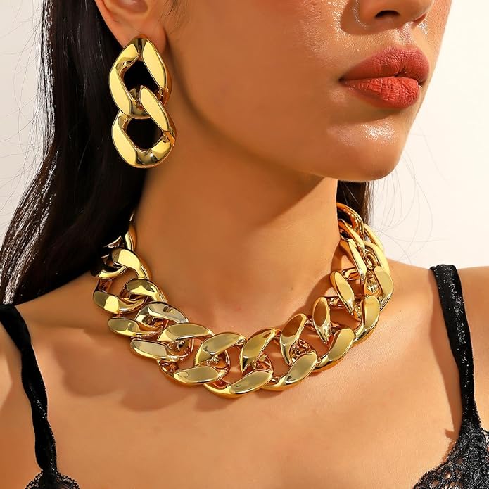 YOOESTORES82 Acrylic Gold Chunky Chain Necklace Earrings Set for Women,Punk Short Thick Wide Cuban Link Choker Necklaces Trendy Drop Dangle Earring Jewelry Set