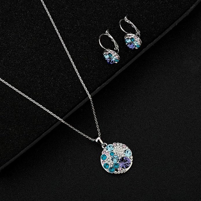 EVEVIC Austrian Crystals Round Disc Pendant Necklace Earrings for Women 14K Gold Plated Hypoallergenic Jewelry Sets