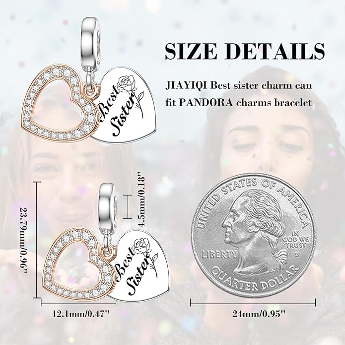 JIAYIQI Mother Sister Daughter Wife Charms Fit Charms Bracelet Necklace with Double Heart Love Charms 925 Sterling Silver Beads for Women Jewelry