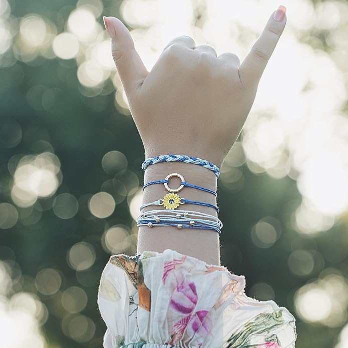FANCY SHINY Sunflower String Bracelet Boho Braided Rope Wrap Bracelets Cute Summer Beach Surfer Jewelry for Women