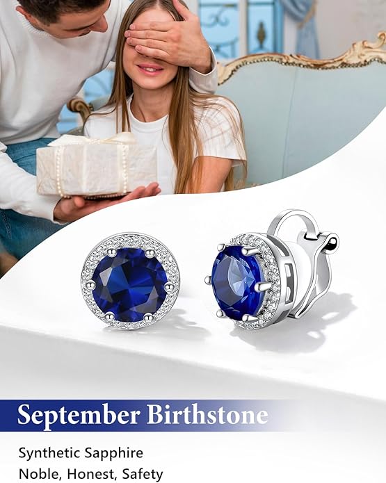Silvora 925 Silver 8MM Cubic Zirconia Birthstone Clip On Stud Earrings Round Non Pierced Earrings For Women,Come with Box