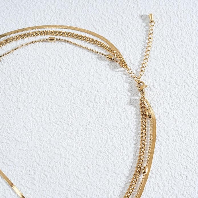Layered Gold Necklaces for Women Trendy 18K Gold Plated Stainless Steel Waterproof Stackable Triple Chain Necklace Gold Jewelry for Daily Wear