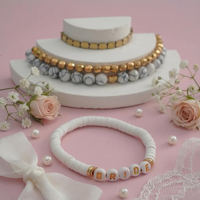 Bride Beaded Bracelet, Weeding Clay Bracelets for Women Stackable Gold Plated, Stretch Bracelets Elastic Layering Friendship Set Boho Jewelry, Gift for Family, Friends