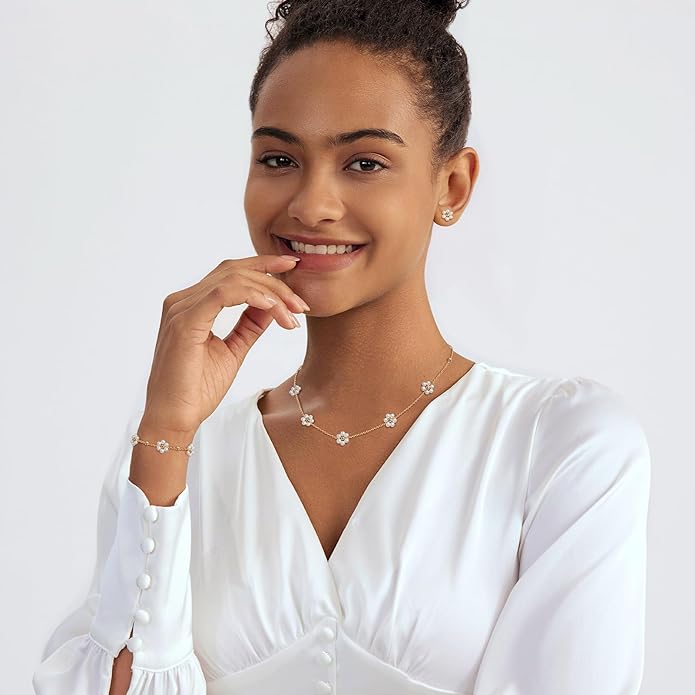 Zeffy Gold Pearl Necklace for Women, Dainty 14K Gold/Silve Plated Layered Pearl Choker Pearl Earrings Pearl Bracelets Wedding Trendy Gold Jewelry Set for Women Gifts