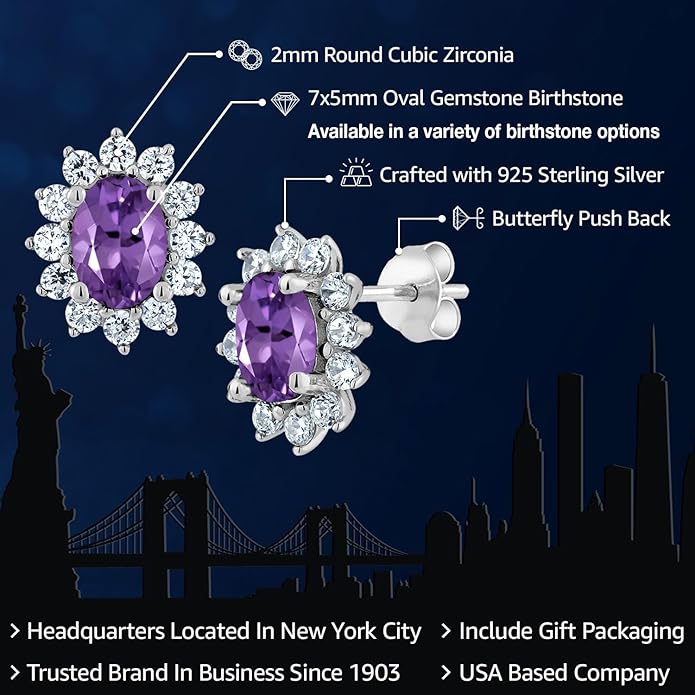 Gem Stone King 7X5MM Oval Gemstone Birthstone Stud Earrings For Women | Princess Diana Royal Halo Style | 925 Sterling Silver | Fine Jewelry Gifts for Anniversary Wedding Her Mom Women Wife