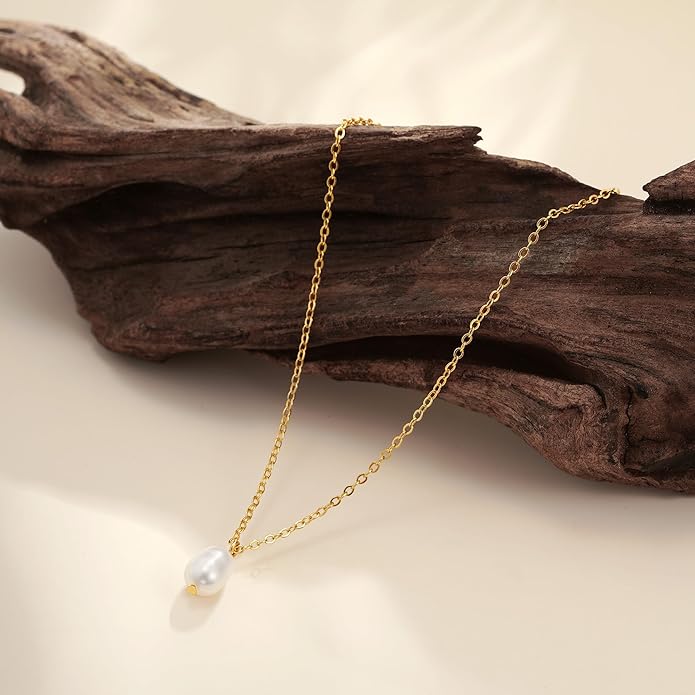 Pearl Necklaces for Women Trendy, 14k Gold Plated Dainty Necklace Simple Pearl Drop Single Charm Pendant Necklace Birthday Wedding Gifts Gold Jewelry for Women