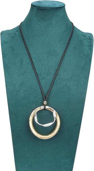 Boho Leather Necklace Women Bohemian Brown Circle Pendant Necklace Choker Long Necklaces for Women Boho Ring Large Pendant