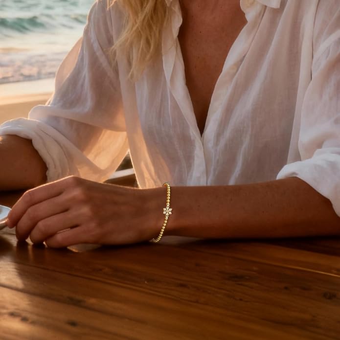 HZDK Gold Bracelets for Women - 14K Gold Plated Beaded Bracelets for Women Gold Jewelry Stackable Charm Bracelet Dainty Stretch Bead Bracelet Christmas Gifts for Her