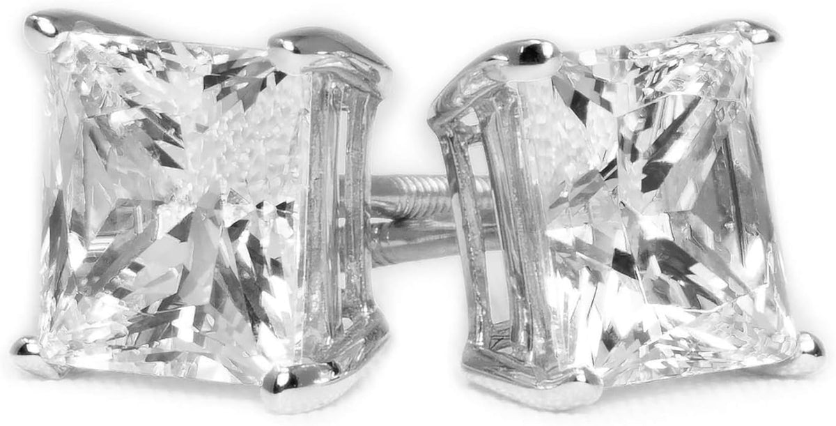 14K White Gold Moissanite Earrings Men & Women, Solid Gold Simulated Diamond and Lab Diamonds Studs for Men & Women, 1ct - 2ct Round, Princess, Heart, Halo Cut, Dangle, Lever or Screw Back Earrings, VVS1, D Color, Pink or Blue - Luxury Gift Box
