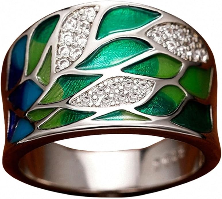 Women Tree of Life Lucky Flower Wide Band Ring Gold Pink Opal Green Enamel Resin Plated Dainty Tree Rhinestone Statement Thumb Index Full Finger Chunky Ring Party Crystal Vintage Jewelry