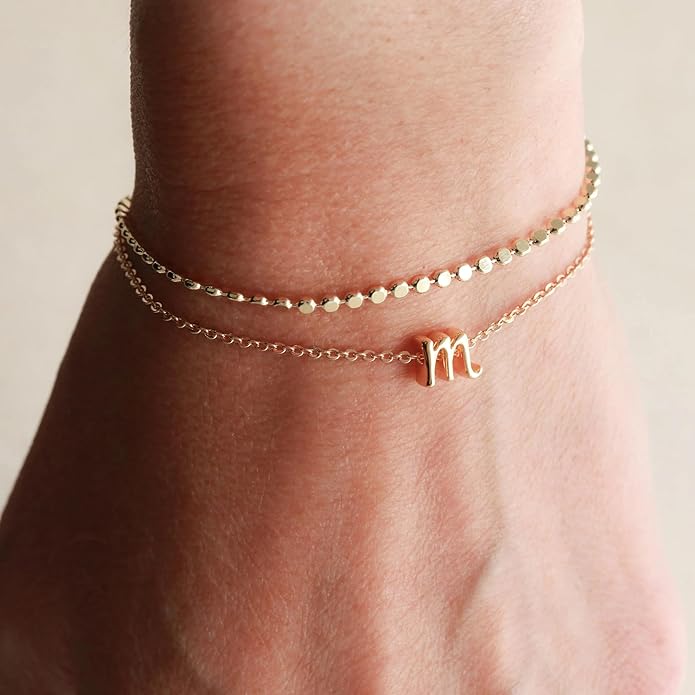 Initial Bracelets for Women, Dainty 14K Gold Plated Layered Letter Bracelet, Trendy Charm Stackable Jewelry Valentines Day Gift for Her