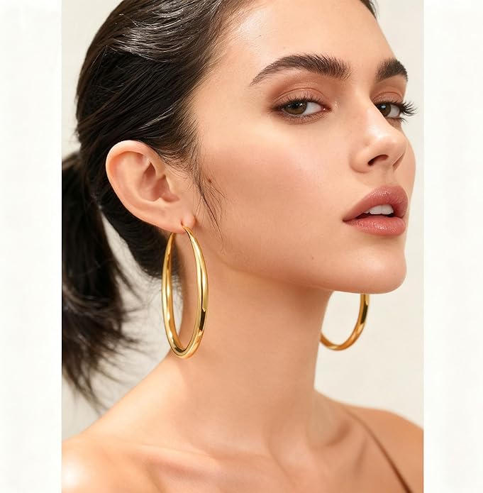 EXGOX Sterling Silver Hoop Earrings - Hypoallergenic, Lightweight, Chunky, 14K Real Gold Plated, Big Large Hoops for Women