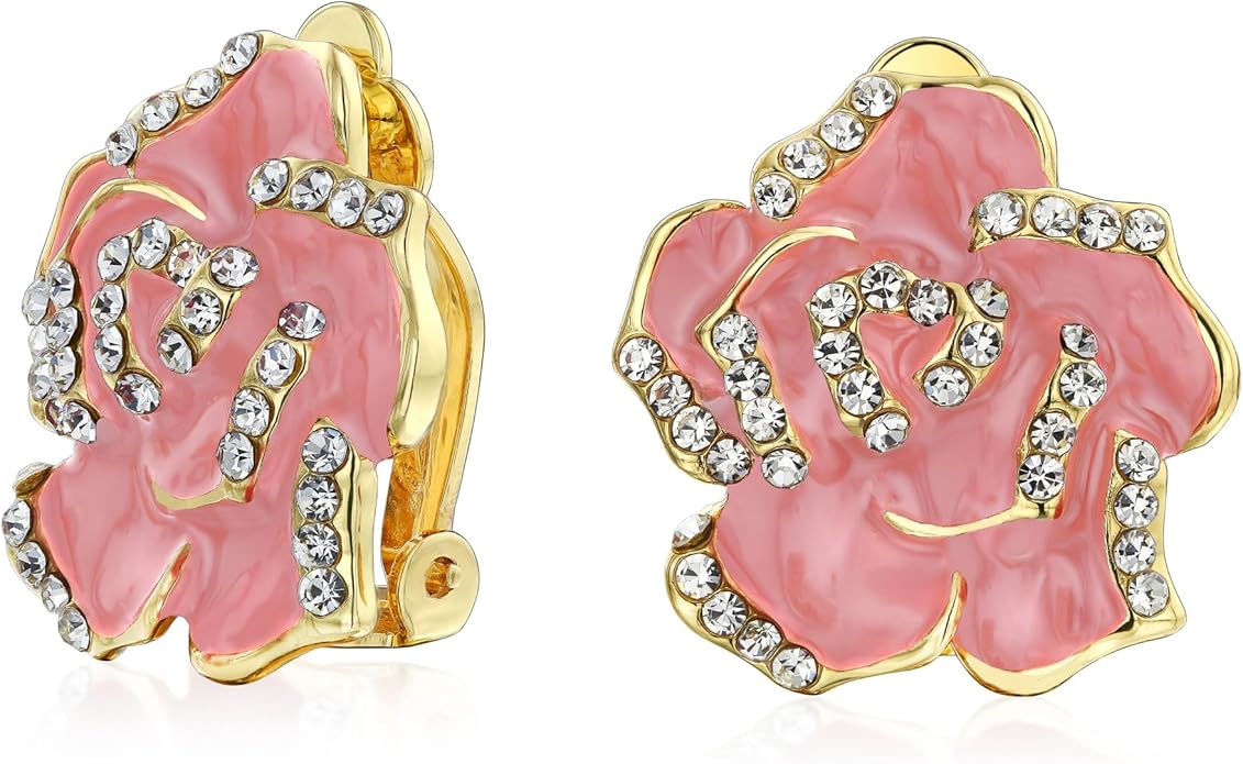 Pink Red Enamel Flower Crystal Edge Spring Retro Floral Rose Clip On Earrings For Women Non Pierced Ears 14K Gold Plated