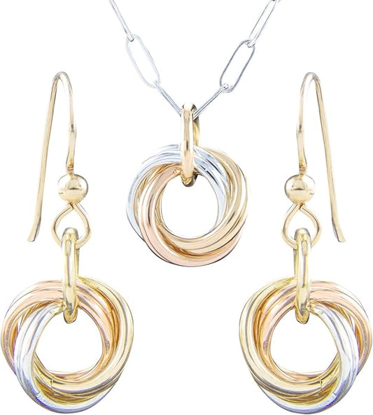 Tahmi Tricolor Love Knot Dainty Jewelry Gift Set Idea for Women with Sterling Silver 925 and 14K Yellow and Rose Gold-Filled Dangle Earrings and 20 Inch Pendant Necklace with Paperclip Chain
