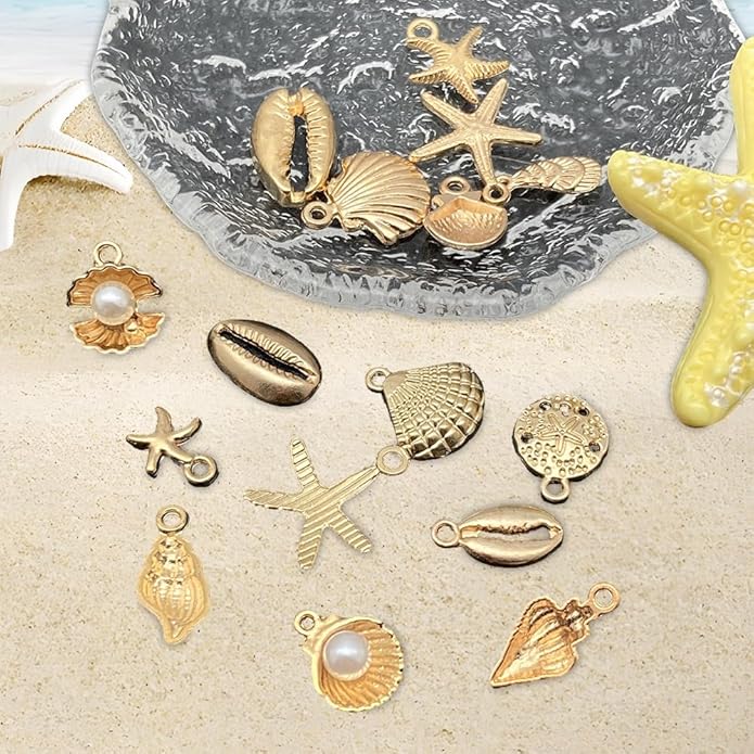 16Pcs Beach Charms, Summer Pendant Alloy Starfish, Seashells and Conches Beach Charms for Jewelry Making, Necklace Bracelet Earrings Crafting DIY