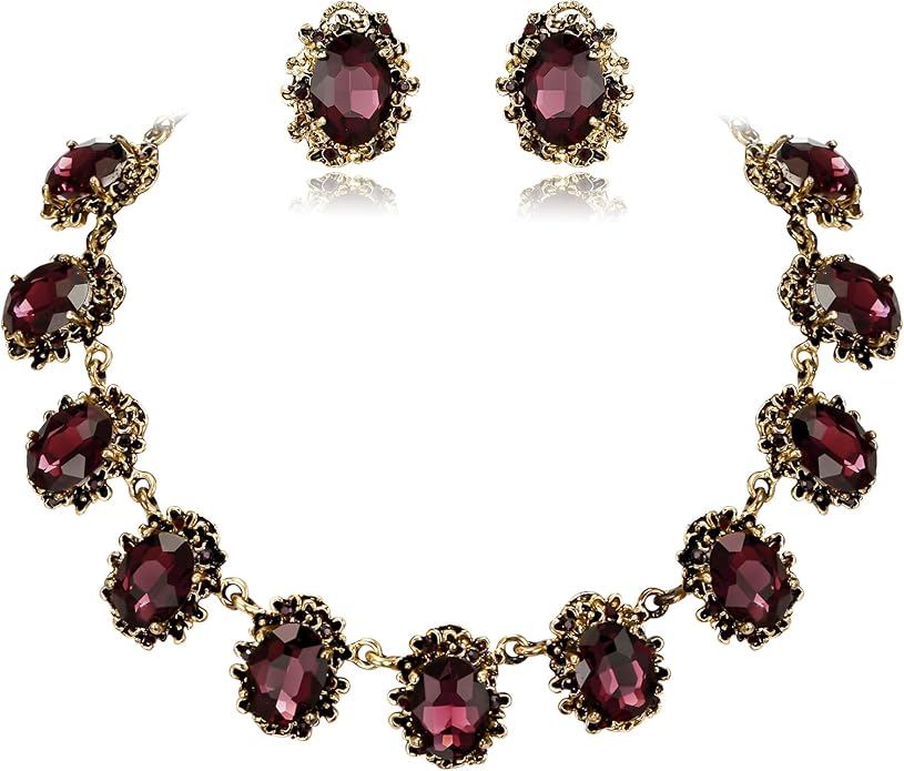 BriLove Victorian Style Statement Necklace Pierced Earrings Jewelry Set for Women Crystal Floral Cameo Inspired Oval Jewellery for Party Prom