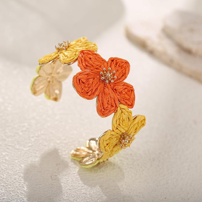 Raffia Flower Cuff Bracelet for Women, Floral Chunky Bangle Wide Open Cuff Statement Bracelet