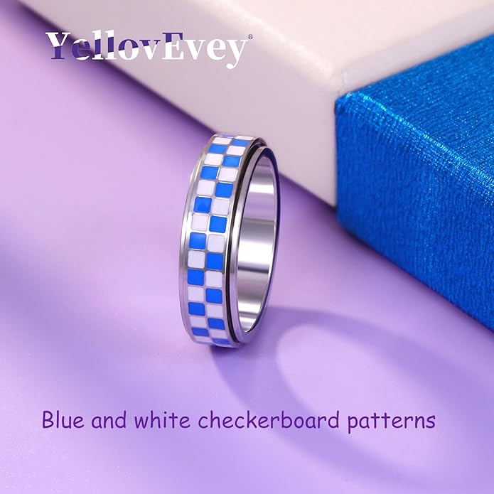 Checkered Fidget Ring For Women - Blue Chessboard Design Band Rings Anxiety & Stress Relief Stacking Spinner Rings, Stainless Steel Spinning Ring Anti-Anxiety Jewelry Gift for Adults