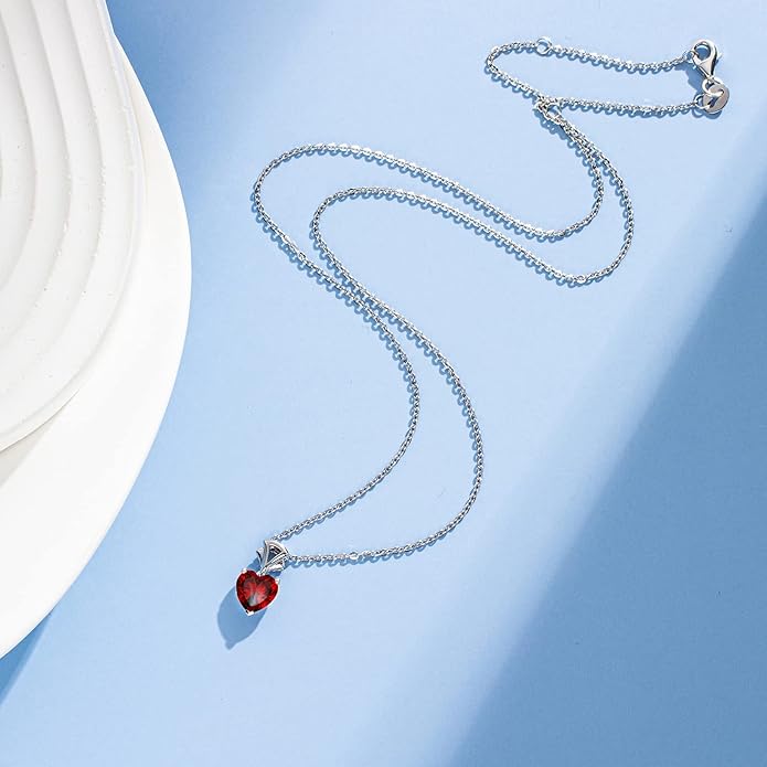 Agvana Valentines Day Gifts 14K White Gold Gemstone Pendant with Sterling Silver Chain 8mm Heart Birthstone Necklace for Women Fine Jewelry Anniversary Birthday Gifts for Women Mom Wife Girlfriend Her