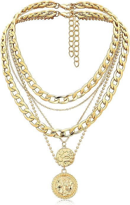 MJartoria Layered Necklaces for Women Trendy Retro Coin Pendant Necklace Dainty Chunky Chain Necklaces for Jewelry Birthday Gifts