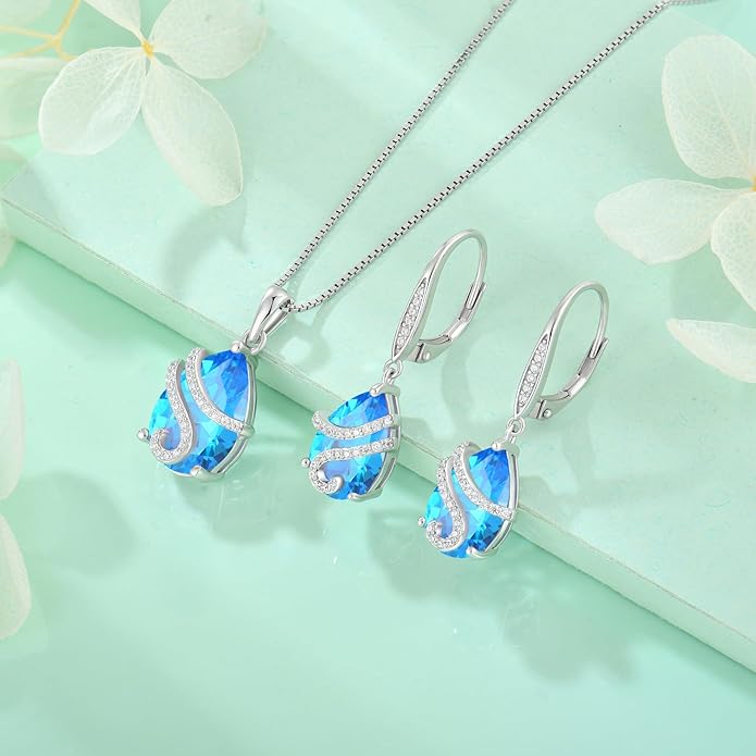 STARCHENIE 925 Sterling Silver Aquamarine Necklace Earrings for Women Pear Cut Birthstone Pendant Jewelry Set March Gift