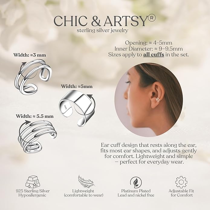 CHIC & ARTSY 925 Sterling Silver Ear Cuffs for Women, Non Piercing Clip On Cartilage Cuffs, Adjustable Fake Conch & Helix Earrings, Gold Plated & Oxidized Various Styles