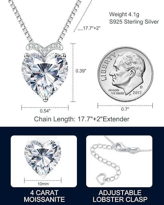 Forever Love Heart Pendant Necklaces for Women, 2-5 Carat Heartshape Moissanite Sterling Silver Pendant Jewelry, Ideal Anniversary Present or Birthday Gifts for Wife Her Girlfriend Mom Daughter