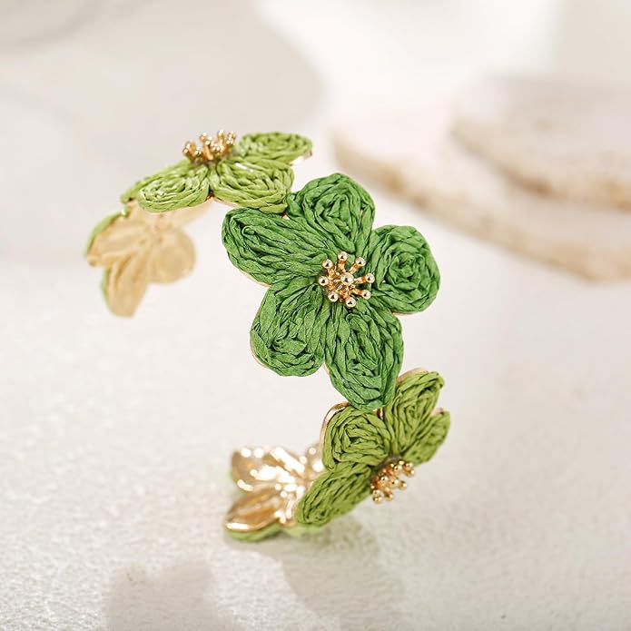 Raffia Flower Cuff Bracelet for Women, Floral Chunky Bangle Wide Open Cuff Statement Bracelet