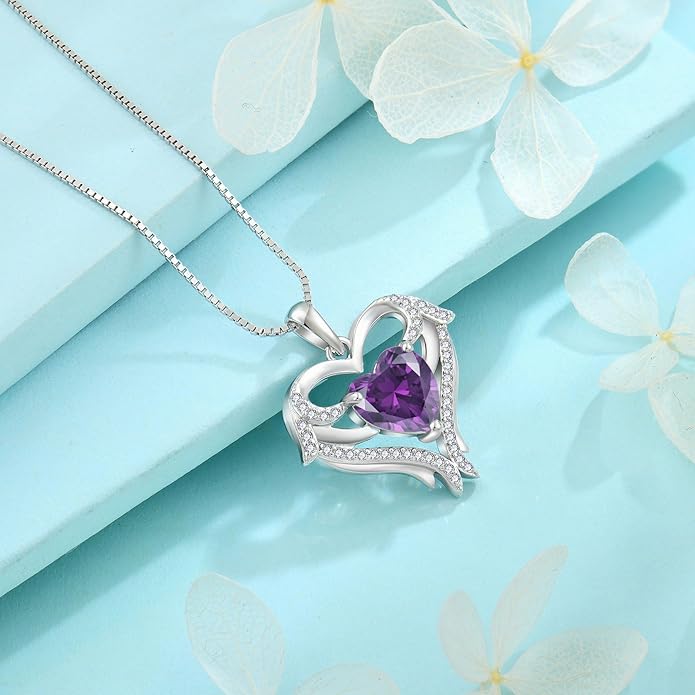 FJ Heart Angel Wings Pendant Necklace 925 Sterling Silver Birthstone Jewelry Gifts for Women