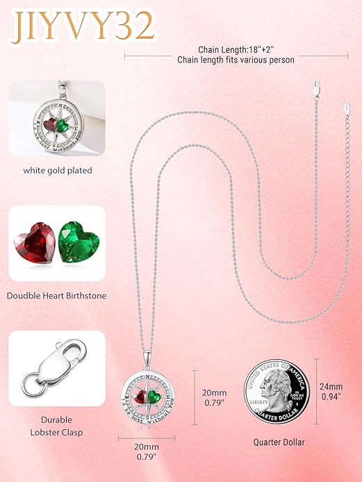 Compass Necklace for Women, Exquisite S925 Valentines Day Anniversary Birthday Gifts for Wife Her Double Birthstone Pendant Jewelry ‘I'd be Lost Without You’