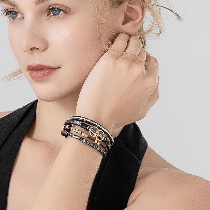 FANCY SHINY Boho Leather Wrap Bracelet Stackable Infinity Chunky Cuff Bracelets Western Hippie Outfits Jewelry Valentine Gifts for Women