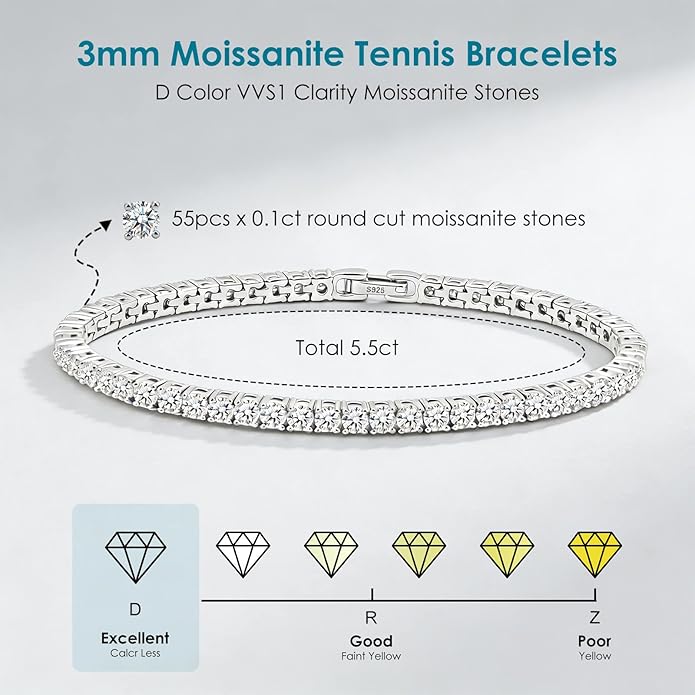 WES Moissanite Tennis Bracelets for Women - Total 5.5ct D Color VVS1 925 Sterling Silver Classic 3mm Round Cut Moissanite Bracelet for Women Men, Size 6.5-7.5 inch
