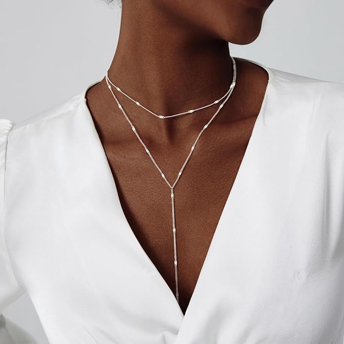 Lariat Gold Necklace for Women Dainty Long Necklace 14k Gold Plated/Silver Y-Shaped Pendant Drop Chain Trendy Layered Pearl/Beaded/CZ Necklaces Simple Gold Jewelry For Women Gift