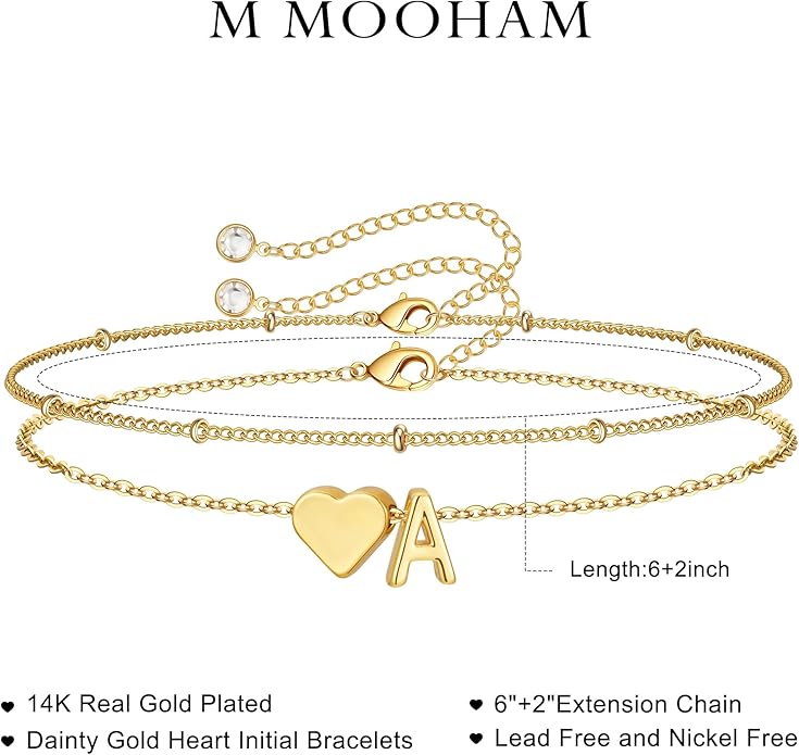M MOOHAM Valentines Day Gifts for Kids Teen Girls -14K-Gold-Plated Heart Initial A-Z Bracelets for Women Girl Dainty Gold Bracelets Birthday Valentines Gifts for Women Her Teenage Girls Kid Teen Gift
