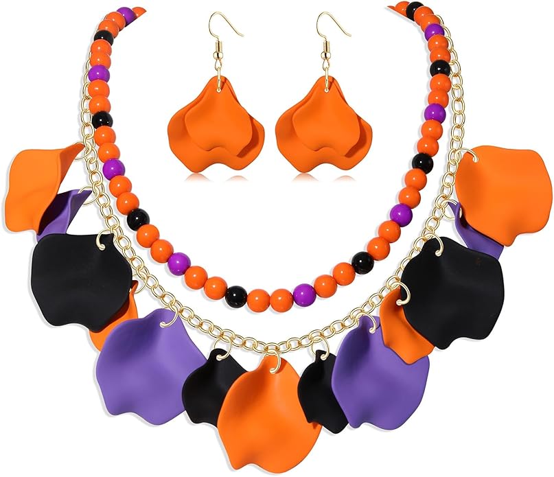 Flower Petal Necklace Earrings Set Layered Statement Beaded Jewelry Set for Women Summer Necklace Earrings